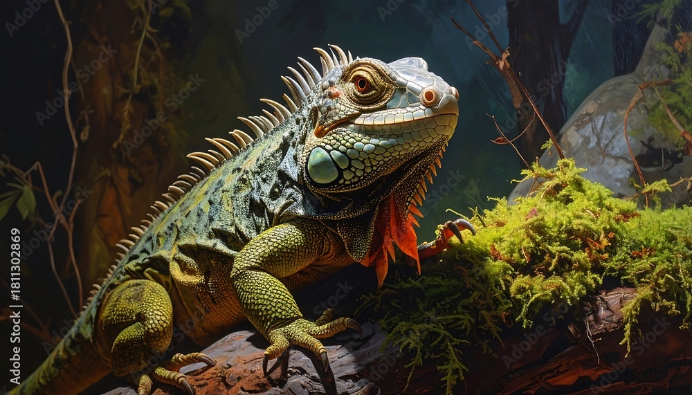 Obraz premium Green iguana perched on mossy branch in a natural habitat.
