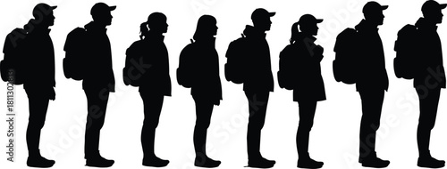 Silhouette group of travelers standing in a queue with backpacks, hiking outdoor people line formation, tourism adventure concept, waiting in line illustration