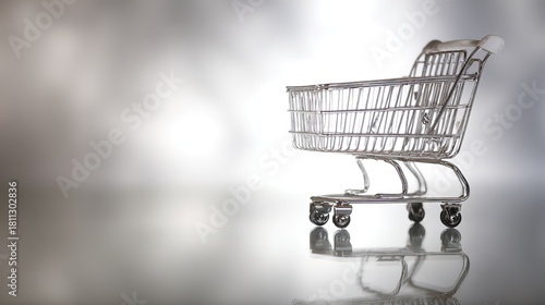 Miniature shopping cart, metallic silver, against a blurred gray background, side view, copy space.