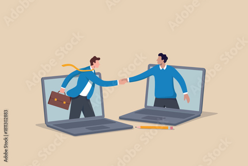 Virtual business partnership and online collaboration between two professionals meeting through laptop screens