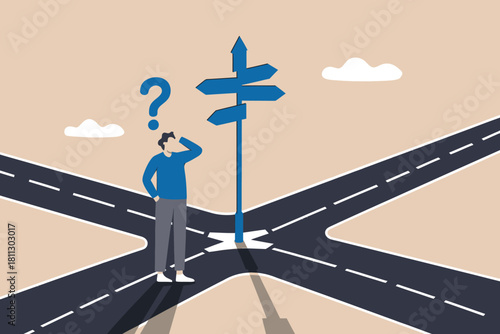 Illustration of a man pondering at a crossroads, facing multiple choices and seeking direction or solution.