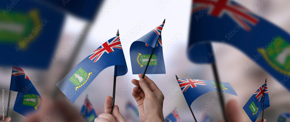 Naklejka premium British Virgin Islands flags in their hands on a blurred urban background
