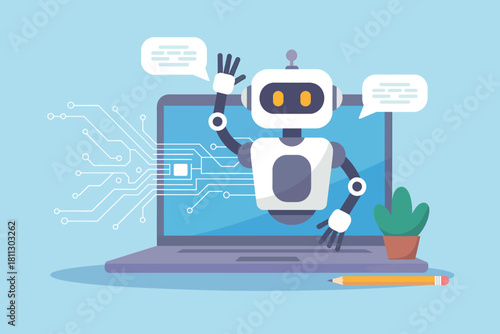 Friendly robot chatbot emerges from laptop with speech bubbles