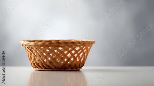 Woven wooden basket, light brown with lattice pattern, on a glossy surface against a soft gray background, side view, copy space.
