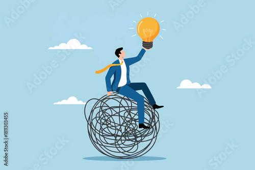 Businessman finding solution, riding tangle with glowing idea