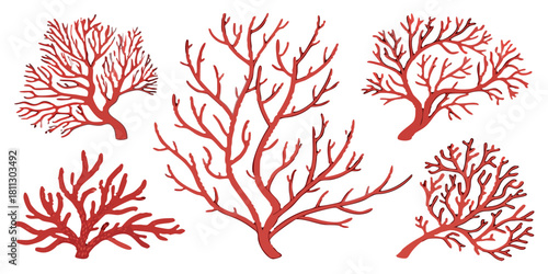 Vibrant Red Coral Collection Vector Detailed Marine Coral Branches & Ocean Reef Elements | Isolated Sea Life Illustration Set