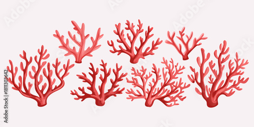 Vibrant Red Coral Collection Vector Detailed Marine Coral Branches & Ocean Reef Elements | Isolated Sea Life Illustration Set