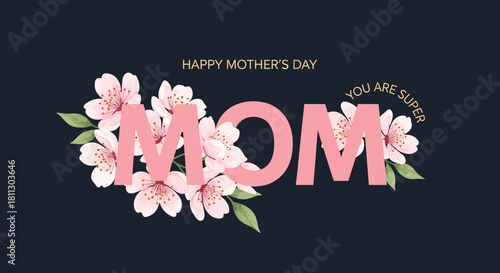 Happy Mother's Day greeting card with pink flowers and the word MOM.