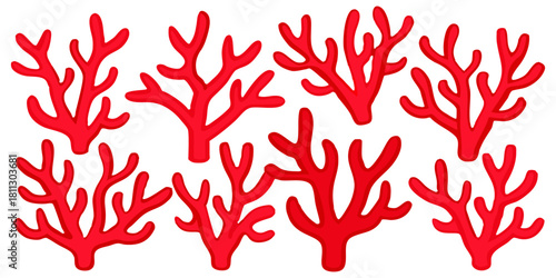Vibrant Red Coral Collection Vector Detailed Marine Coral Branches & Ocean Reef Elements | Isolated Sea Life Illustration Set
