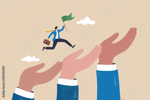 Businessman ascending supporting hands toward success flag goal path