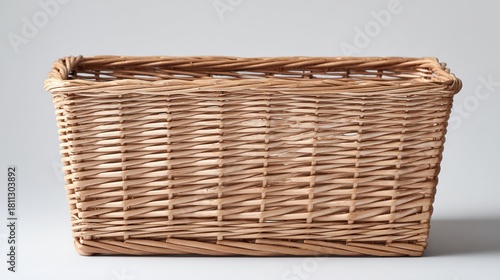 Rectangular woven wicker basket, light brown with intricate pattern, on a plain white surface against a gray background, front view, copy space.