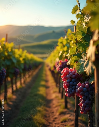 Vineyard rows extend into distance. Green leaves and ripe grapes hang in warm light. Rolling hills blur against clear sky. Wine industry agriculture, viticulture and harvest concepts.