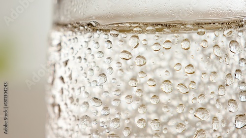 Sparkling water in glass, with abundant bubbles, against a soft - focused light background, close - up, copy space.