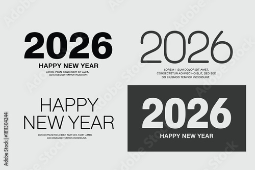 Happy new year 2026 text and numbers in different styles on a light background