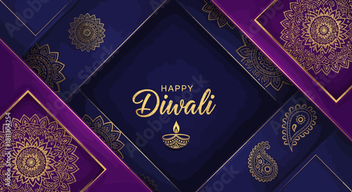 Happy Diwali greeting card with golden text and ornate designs.
