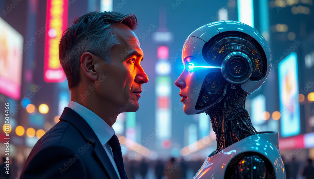 Fototapeta premium Futuristic encounter between a man and a robot in a vibrant city at night