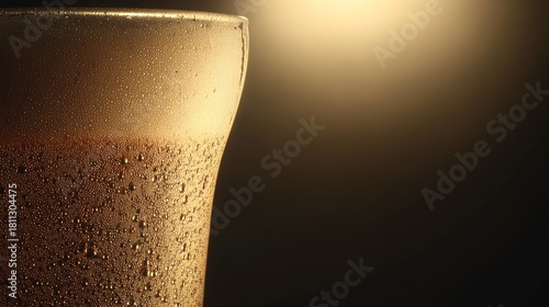 Glass of beverage, with condensation and warm glow, against a dark background, close - up, copy space.