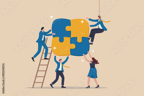 Business team assembling puzzle pieces, illustrating collaboration, strategy, and problem-solving solutions for project success.