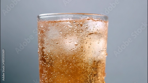 Glass of golden beverage, with bubbles and condensation, against a gray background, close - up, copy space.