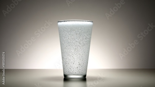 Glass of sparkling beverage, with abundant bubbles, on a reflective surface against a gradient gray background, front view, copy space.