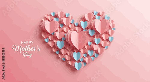 Happy Mother's Day card with a heart made of pink and blue paper hearts.