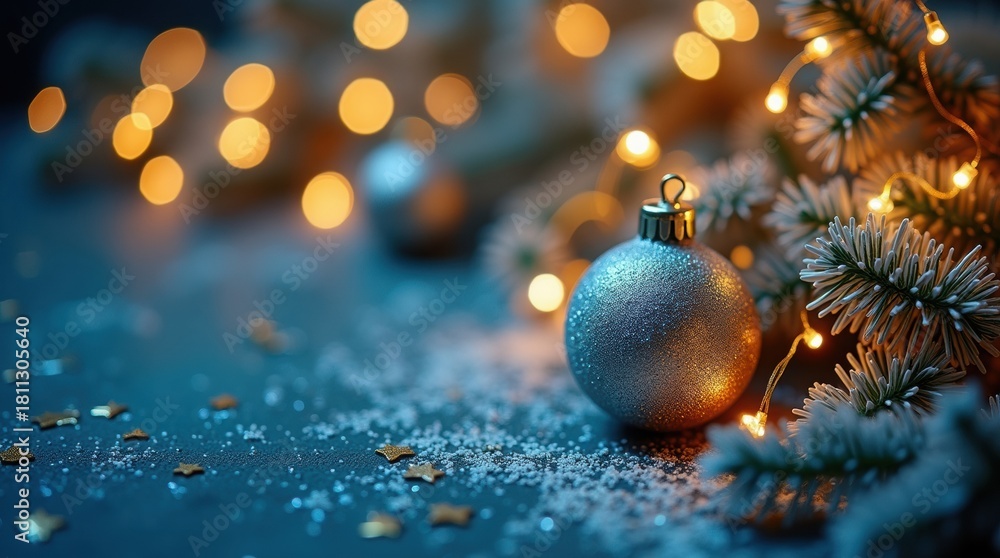 Fototapeta premium Close-up of a luxurious blue and gold Christmas ornament surrounded by glittering beads, set against a shimmering bokeh background, perfect for winter holiday and festive themes.