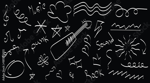 hand drawn music doodles and sketch elements in monochrome style, rock and punk themed artistic music icons in hand drawn design, abstract musical doodle symbols with guitar and creative line art