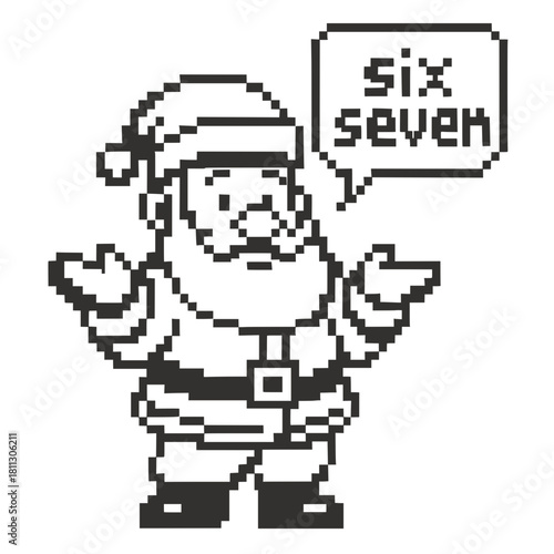 Pixel Santa Claus saying six seven, Retro 8-bit pixel illustration of a Santa Claus character with a speech bubble displaying the words six and seven, ideal for nostalgic designs.


