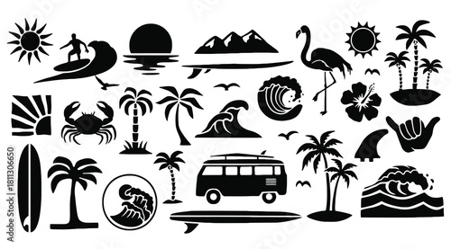 Tropical beach and summer vacation surfing black silhouette icons