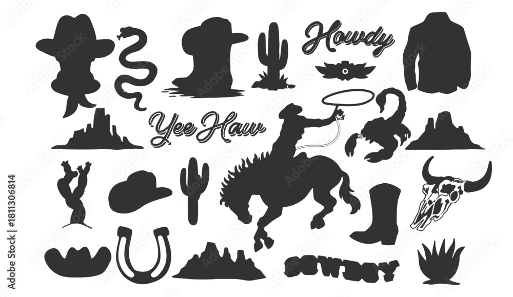 Obraz premium Wild west cowboy and desert themed graphic elements vector set