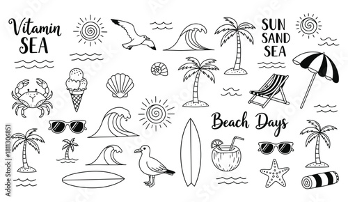 Summer beach vacation doodles collection hand drawn line art set