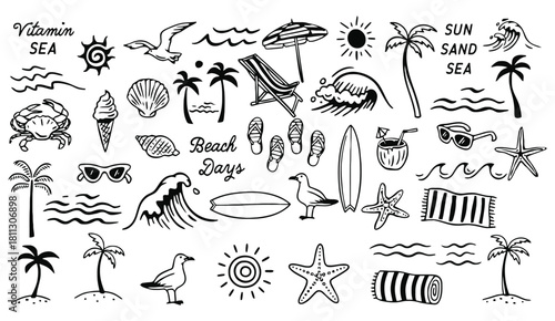 Beach summer vacation hand-drawn doodle icons collection set