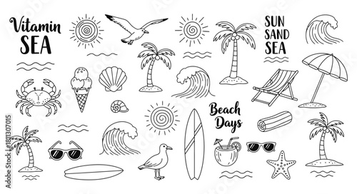 Summer beach vacation elements hand drawn line art illustration set