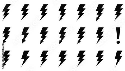 Black lightning bolt and exclamation mark icon set, danger alert