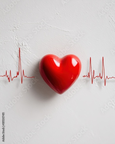 Red heart with ECG line on white background.  A glossy red heart symbol with a subtle ECG line graphic on a white wall background. 