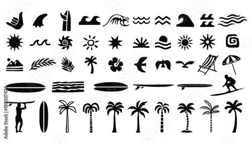 Tropical surf beach vacation elements black silhouette icons kit.
