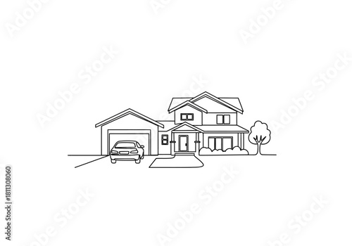 Continuous Single Line Art House with Garage - Minimalist Real Estate Vector