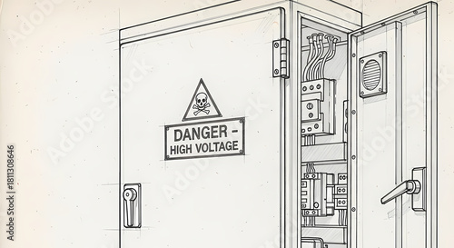 Sketch illustration of an open electrical cabinet with a high voltage danger sign. Industrial power control panel with internal wiring. Technical line art drawing