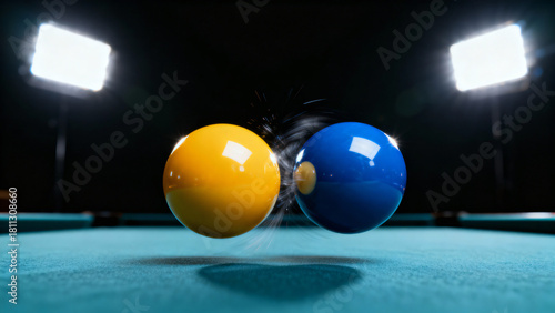Colorful billiard balls collide on a pool table with dramatic lighting and motion blur