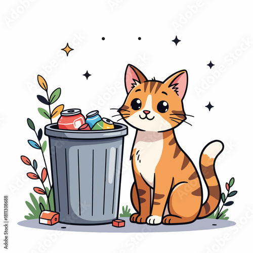Stray cat next to a trash can full of recycling. Cartoon animal character design. Graphic isolated on a white background