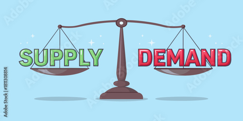 Supply and demand balance scales illustration on light blue background