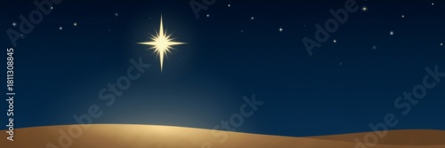 The Star of Bethlehem shining in the night sky over a desert landscape. Religious Christian illustration for the nativity, Christmas, and Epiphany holiday with copy space