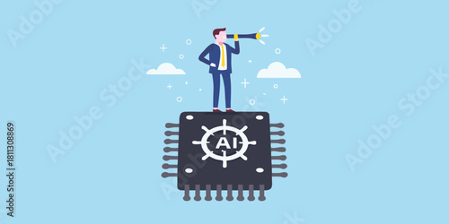 Ai visionary man on chip looking through spyglass for future opportunities