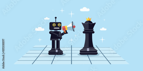 Robot announcing to queen chess piece with megaphone on chessboard