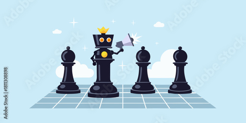 Chess robot king with megaphone on chessboard strategy and leadership concept
