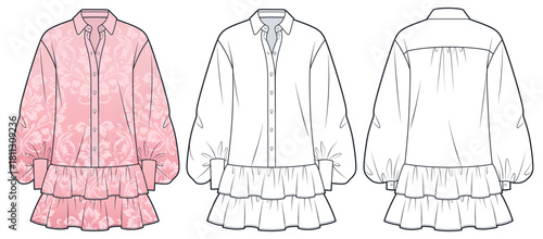 Women Pink mini Dress technical fashion illustration. Shirt Dress fashion flat technical drawing template, button collar, cuffs, ruffled, front and back view, white, women CAD mockup set.