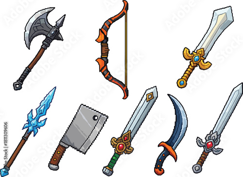 Pixel art fantasy weapon icons set, sword, axe, bow, spear, combat equipment, isolated video game assets collection