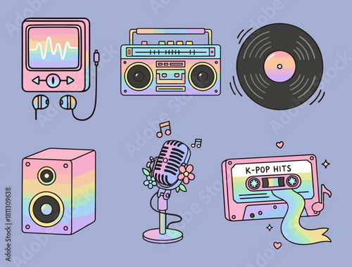 K-Pop Music Elements colorful pastel kawaii style Vector Set