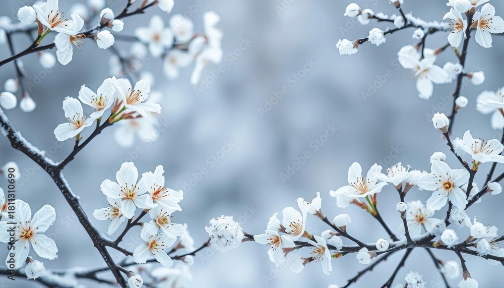 Obraz premium Delicate winter floral frame, icy blue and white blossoms, frosted branches, branches, floral