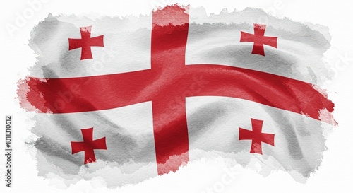 Georgian flag banner in wavy motion. Watercolor style illustration. Paintbrush form or spilled paint form on light background. Flag of Georgia. Flag day celebration concept, patriotism concept